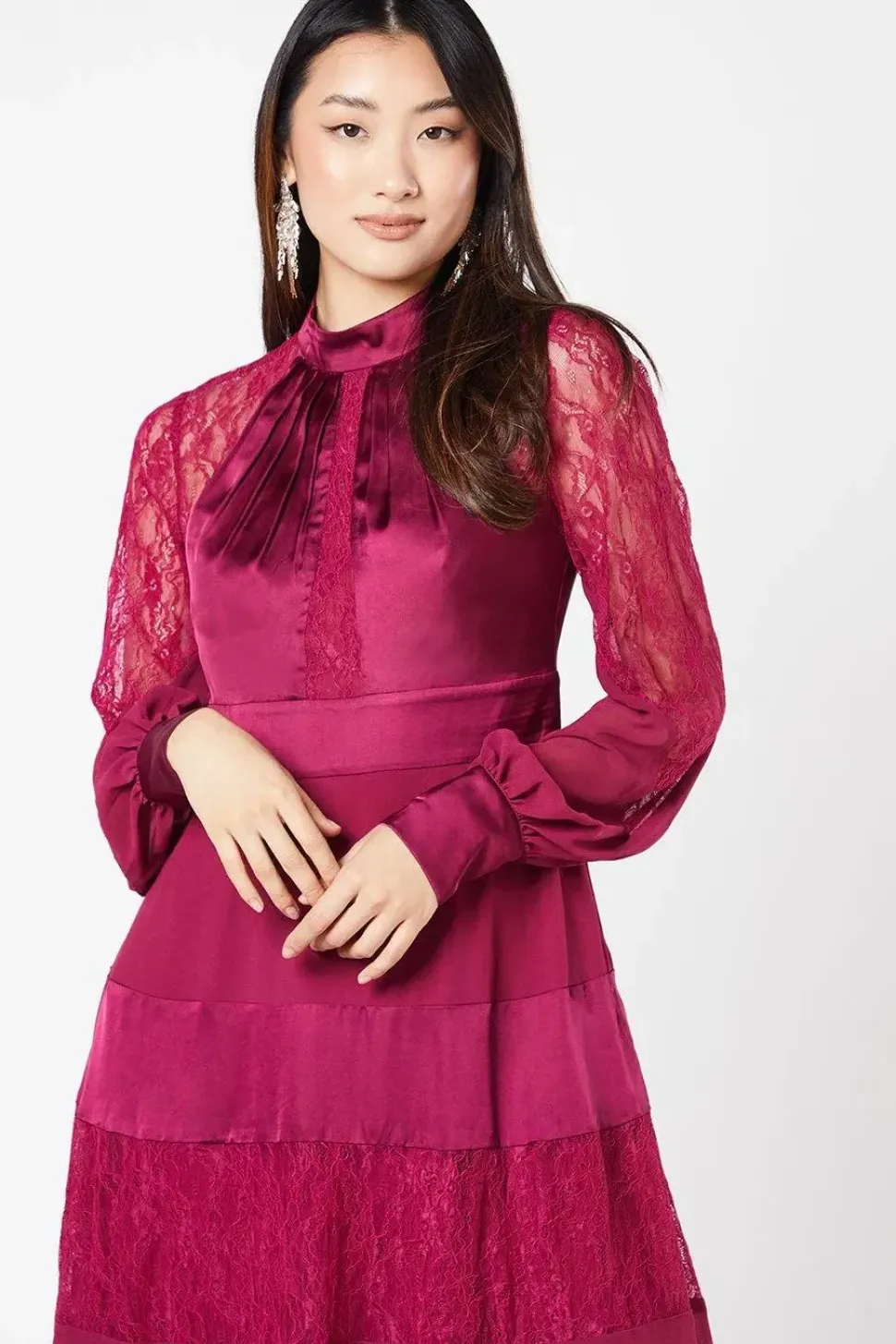 Premium Satin, Lace And Chiffon Mix Midi Wedding Guest Dress