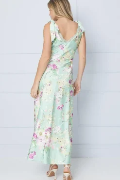 Premium Satin Lace Insert Tie Shoulder Midi Dress