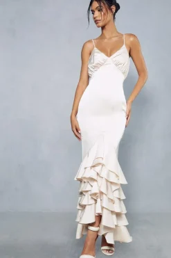 Premium Satin Ruched Bust Frill Hem Midaxi Dress