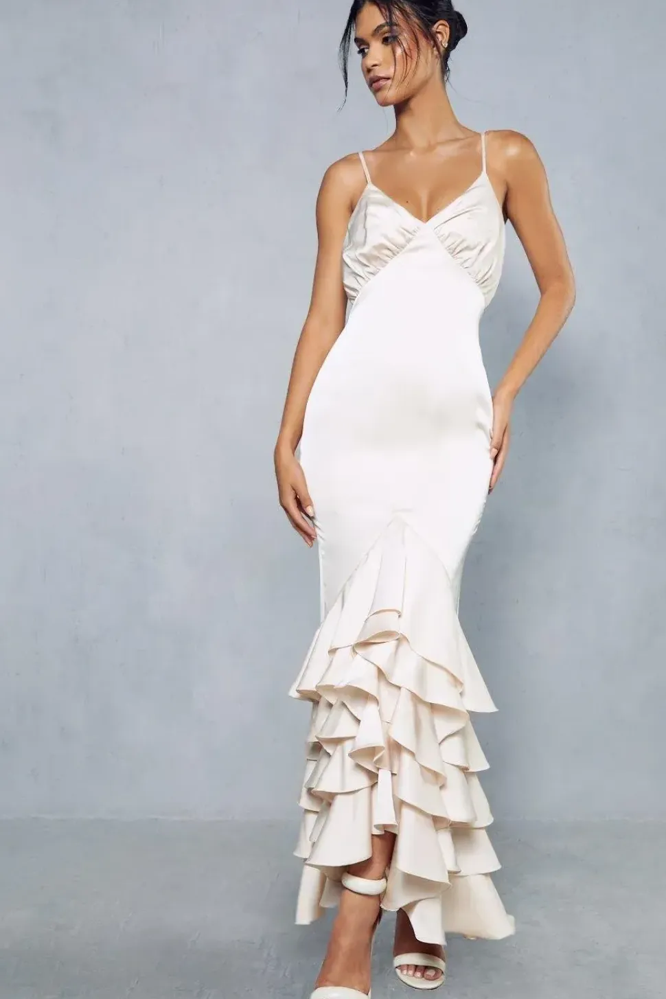 Premium Satin Ruched Bust Frill Hem Midaxi Dress