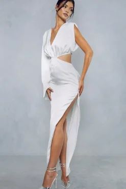 Premium Satin Shoulder Pad Draped Sleeve Twist Maxi Dress