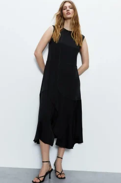 Premium Satin Sleeveless Midi Dress With Frill