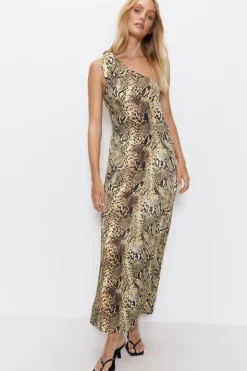 Premium Satin Snake Print One Shoulder Maxi Dress