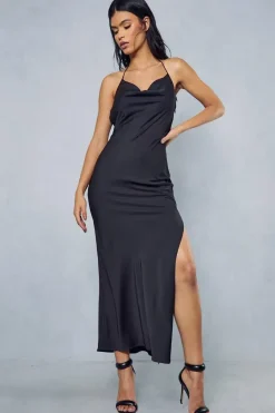 Premium Satin Strappy Halterneck Cowl Back Maxi Dress