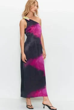 Premium Satin Tie Dye One Shoulder Maxi Dress