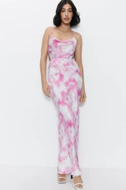 Premium Satin Tie Dye Strappy Back Maxi Dress