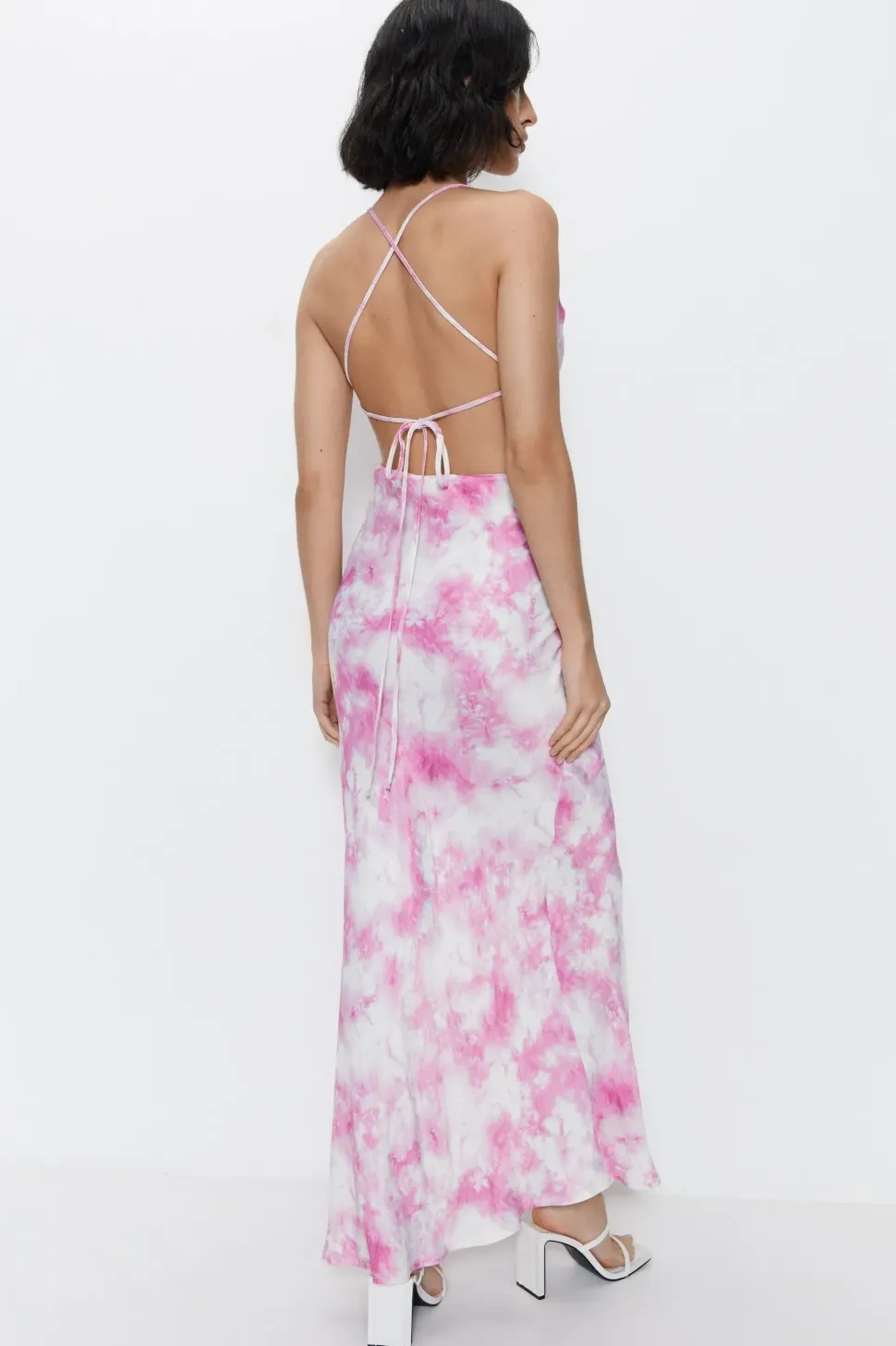 Premium Satin Tie Dye Strappy Back Maxi Dress