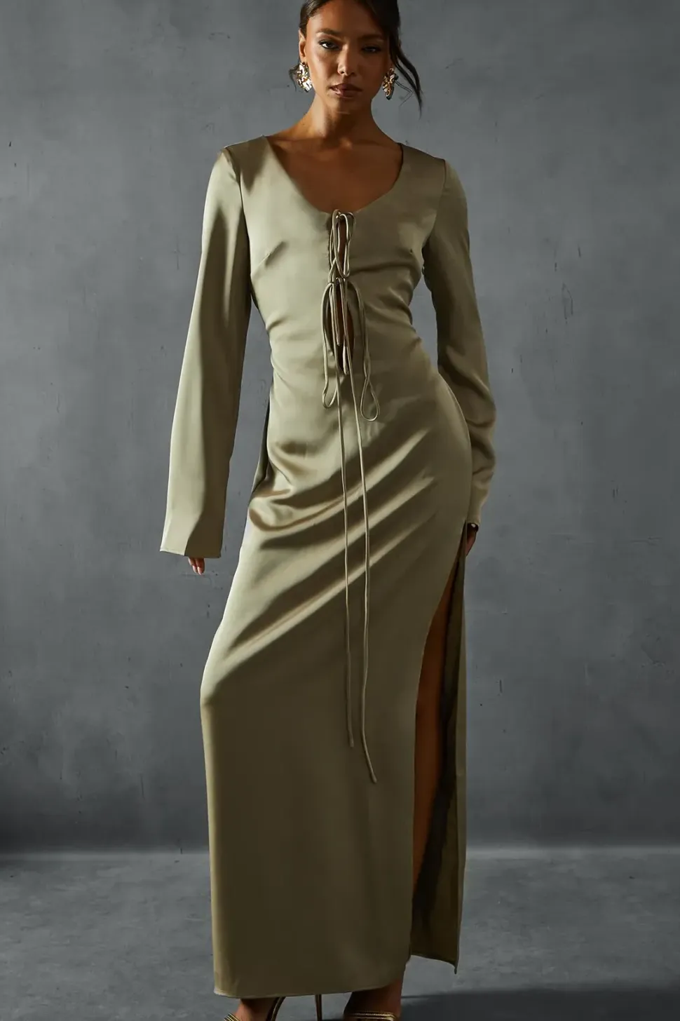 Premium Satin Tie Front Long Sleeve Maxi Dress
