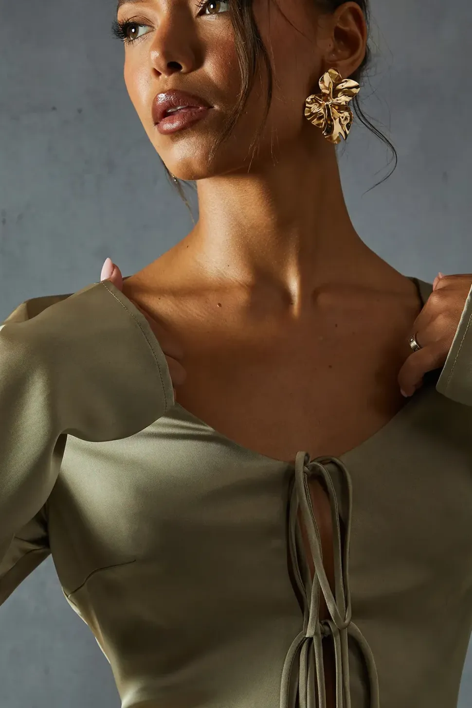 Premium Satin Tie Front Long Sleeve Maxi Dress
