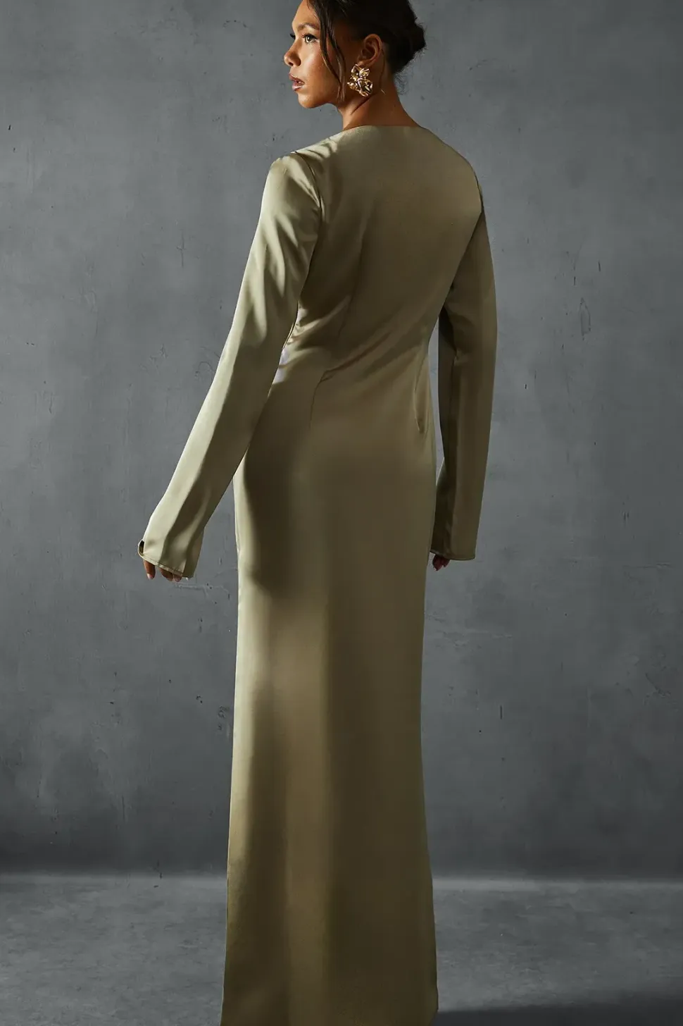 Premium Satin Tie Front Long Sleeve Maxi Dress
