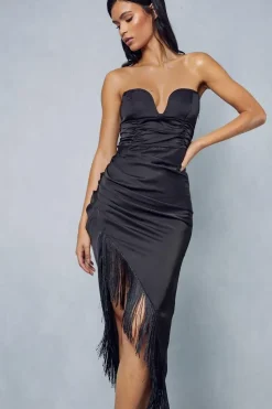 Premium Satin V Bar Tassle Hem Draped Midi Dress