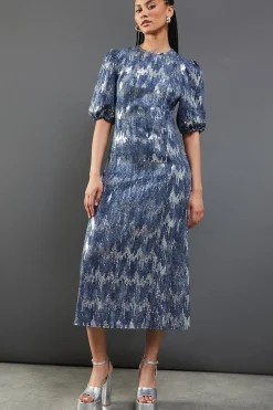 Premium Sequin Denim Fitted Puff Sleeve Midi Dress
