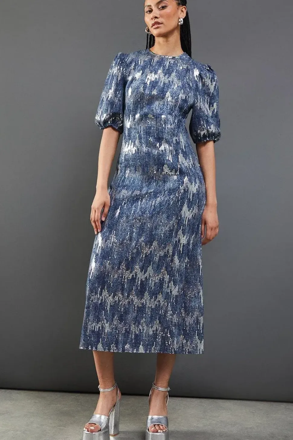 Premium Sequin Denim Fitted Puff Sleeve Midi Dress