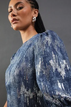 Premium Sequin Denim Fitted Puff Sleeve Midi Dress