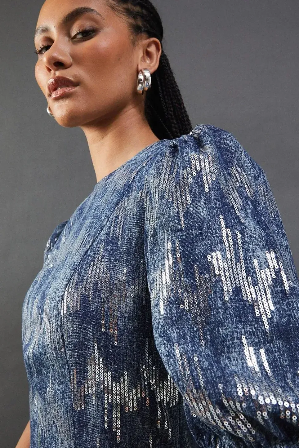 Premium Sequin Denim Fitted Puff Sleeve Midi Dress