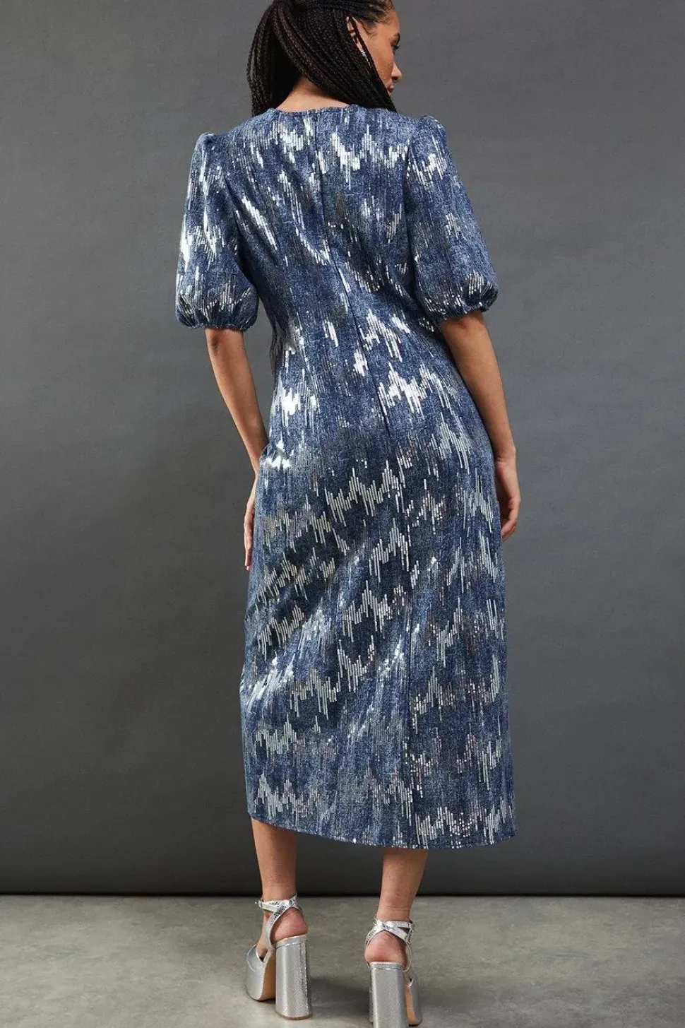 Premium Sequin Denim Fitted Puff Sleeve Midi Dress