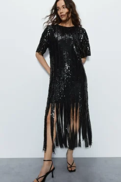 Premium Sequin Fringe Maxi Tunic Dress