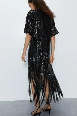 Premium Sequin Fringe Maxi Tunic Dress