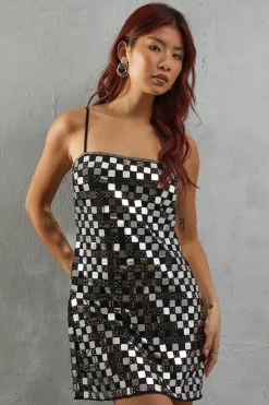 Premium Square Embellished Sequin Strappy Mini Dress