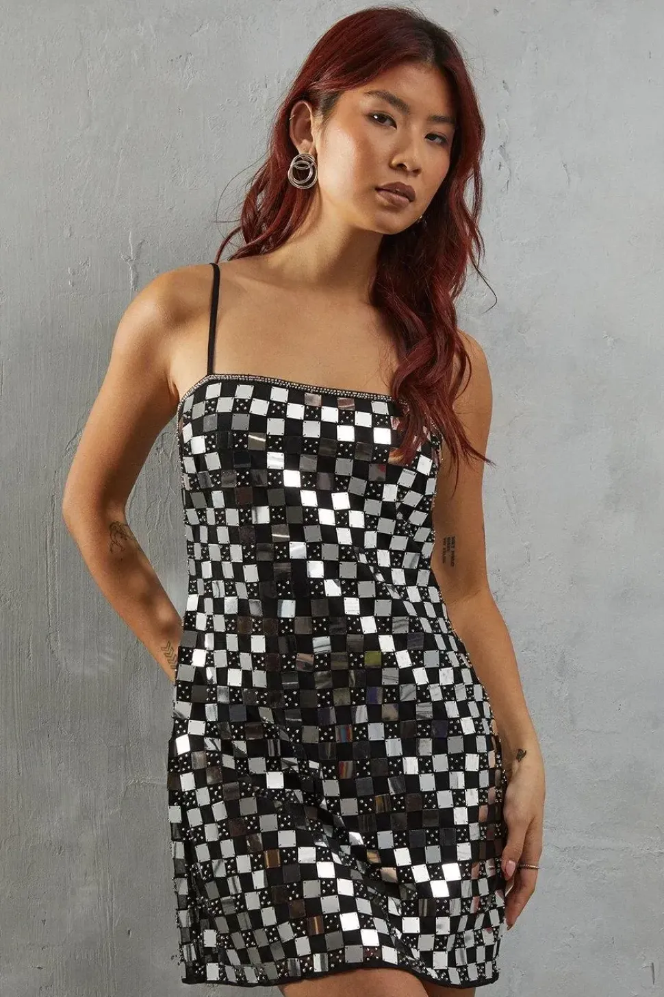 Premium Square Embellished Sequin Strappy Mini Dress