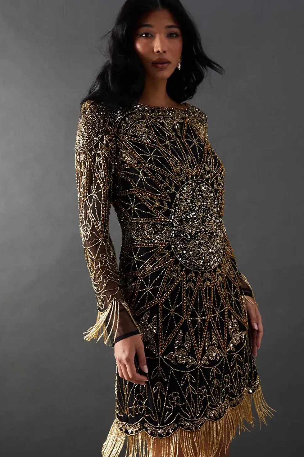 Premium Sun Hand Embellished Sequin Fringe Bead Mini Dress