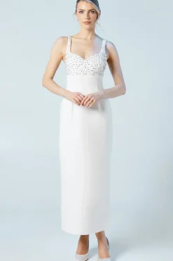 Premium Tailored Pearl And Diamante Sweetheart Crepe Midi Dress
