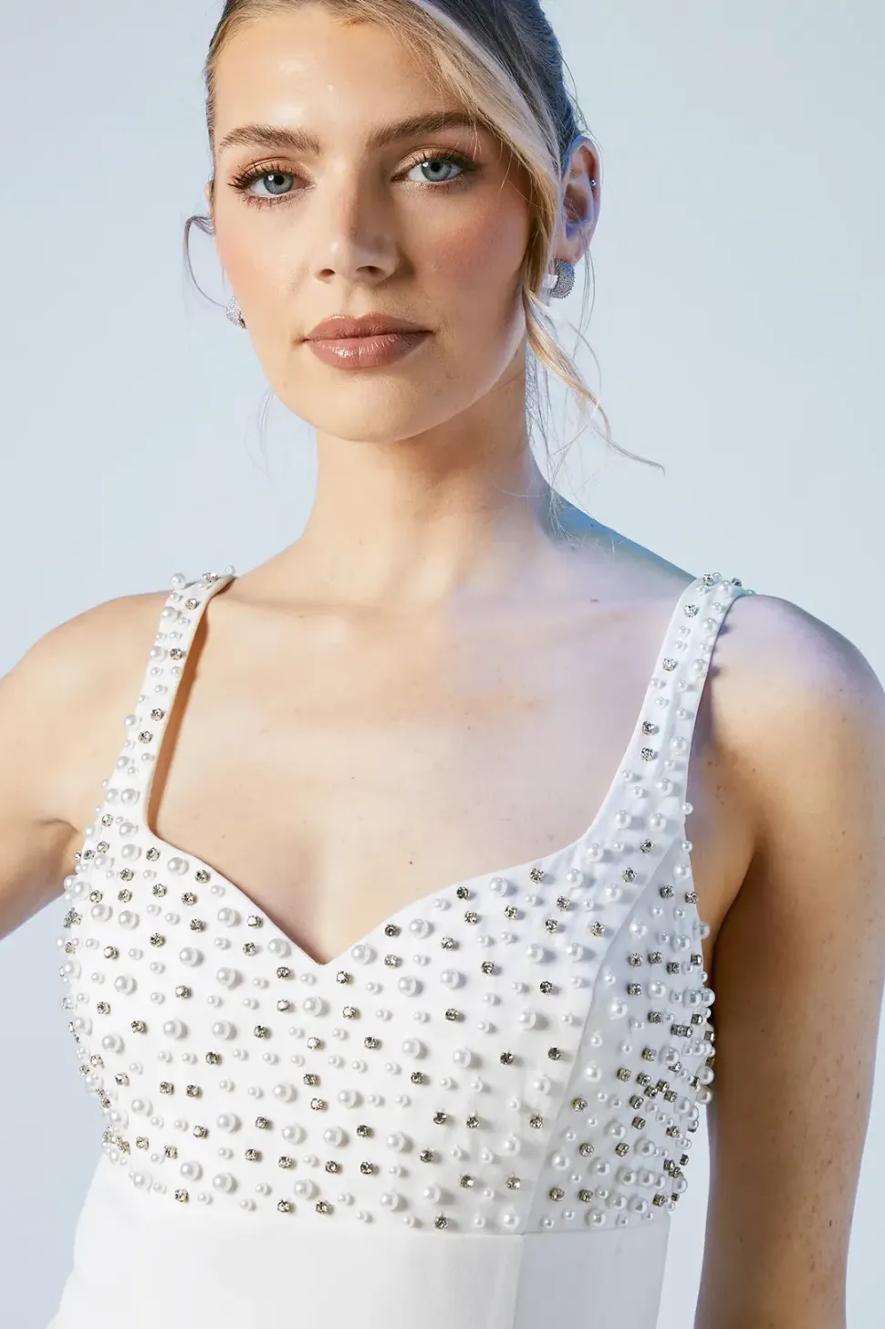 Premium Tailored Pearl And Diamante Sweetheart Crepe Midi Dress
