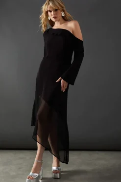 Premium Viscose Fallen Shoulder Chiffon Hem Midi Dress