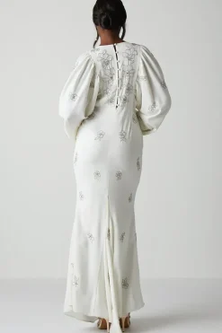 Premium V Neck Blouson Sleeve Embellished Wedding Dress