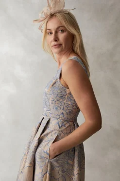 Premium V Neck Embroidered Ottoman Midi Dress