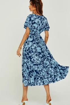 Pretty Floral Print Wrap Midi Dress In Blue
