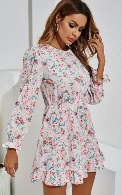 Pretty Pink Red Floral Green Leaf Print Puff Sleeve Mini Dress In White