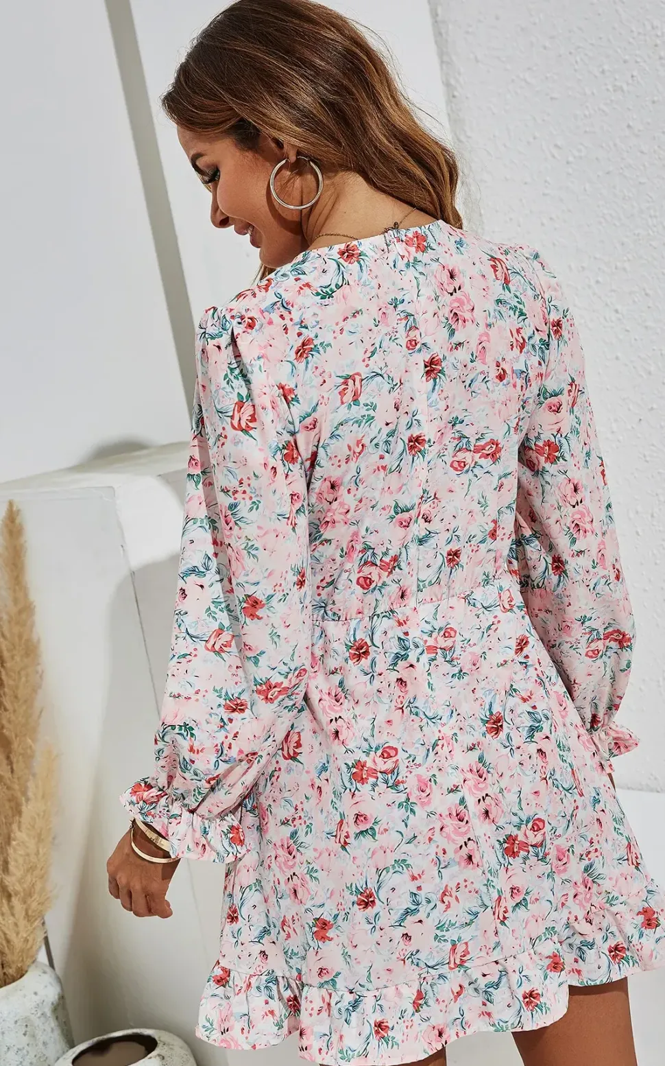 Pretty Pink Red Floral Green Leaf Print Puff Sleeve Mini Dress In White