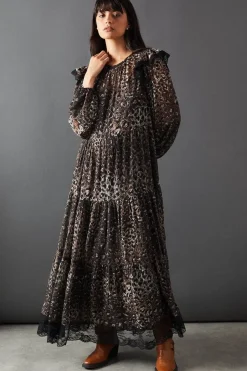 Print Burnout Jacquard Lace Insert Tier Smock Midi Dress