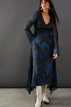 Print Chiffon Lace Insert Midi Dress