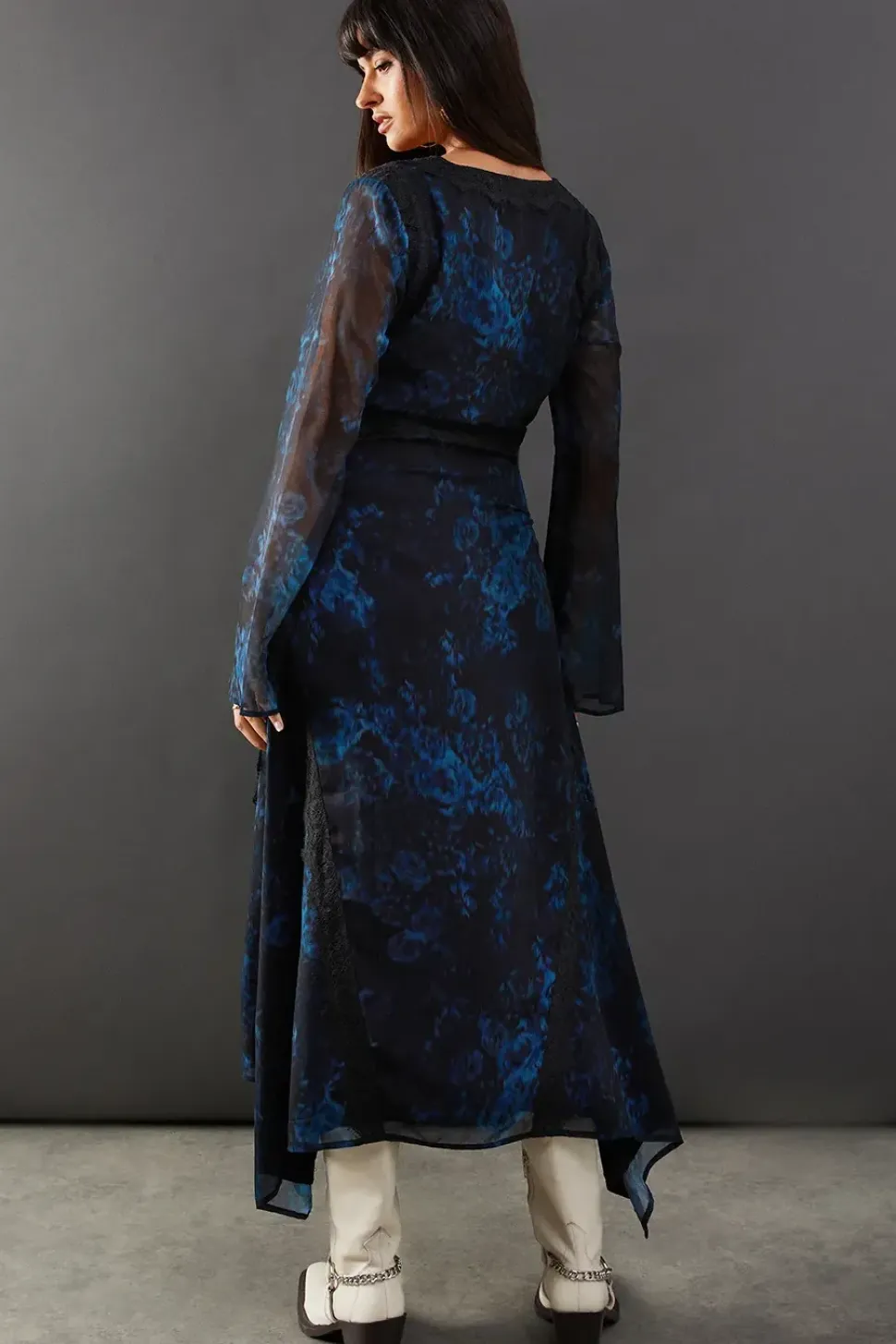 Print Chiffon Lace Insert Midi Dress