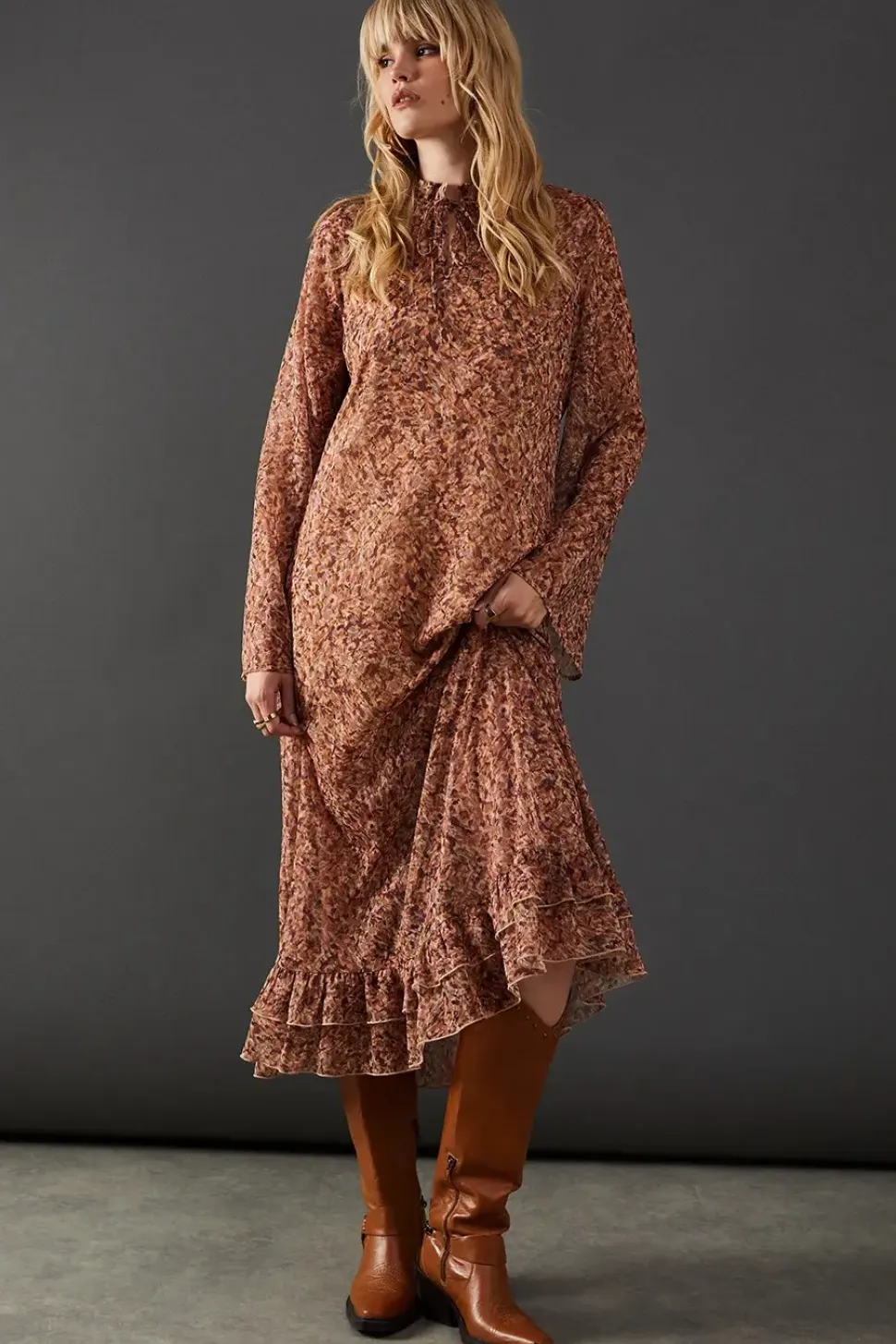 Print Chiffon Ruffle Tie Neck Midi Dress