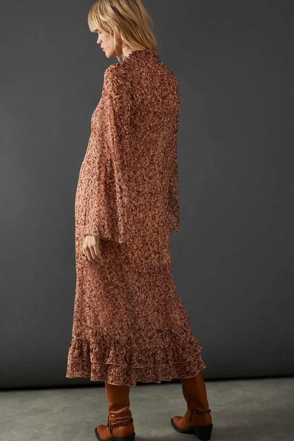 Print Chiffon Ruffle Tie Neck Midi Dress