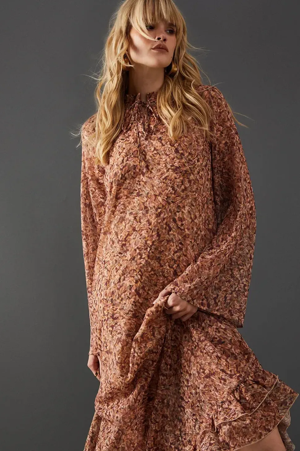Print Chiffon Ruffle Tie Neck Midi Dress