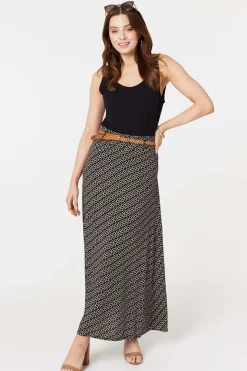 Printed A-Line Belt Maxi Skirt