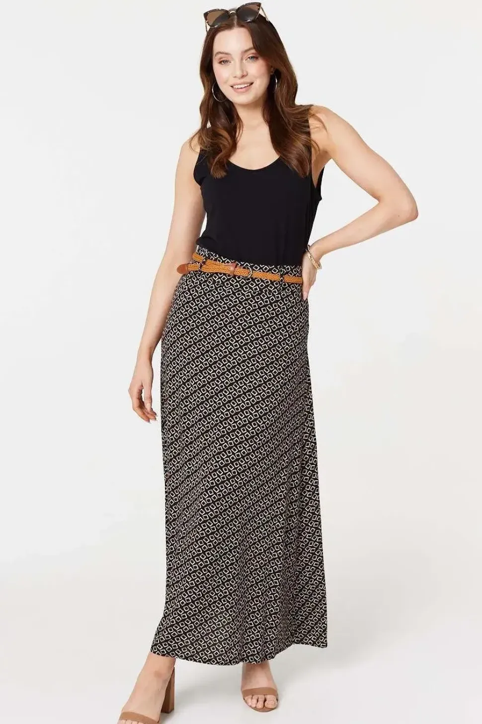 Printed A-Line Belt Maxi Skirt