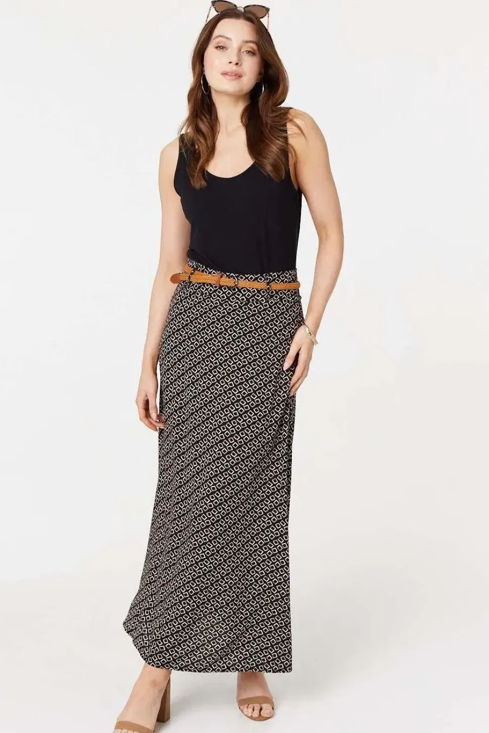 Printed A-Line Belt Maxi Skirt