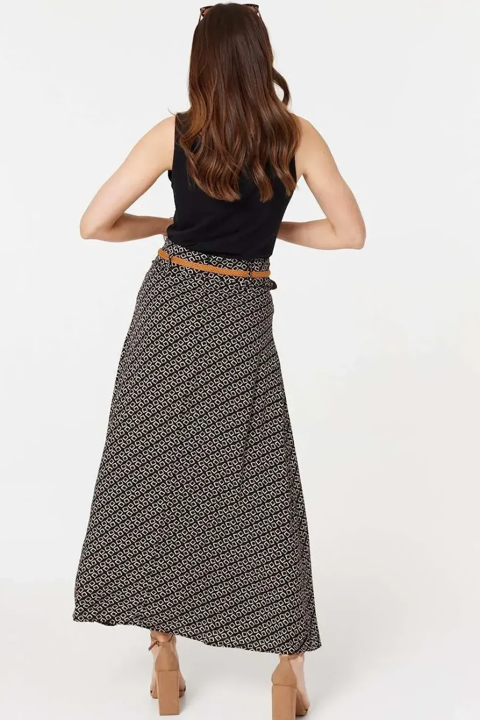 Printed A-Line Belt Maxi Skirt
