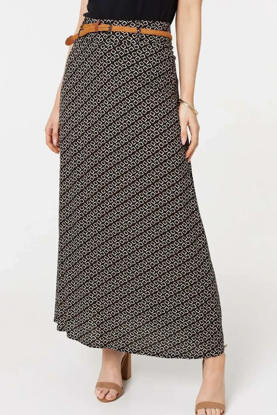 Printed A-Line Belt Maxi Skirt