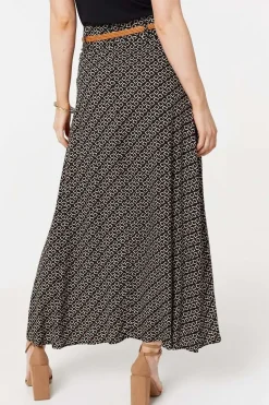 Printed A-Line Belt Maxi Skirt