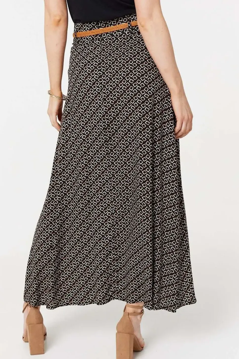 Printed A-Line Belt Maxi Skirt
