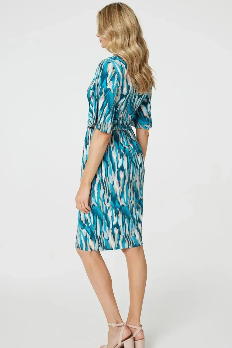 Printed 1/2 Angel Sleeve Faux Wrap Dress