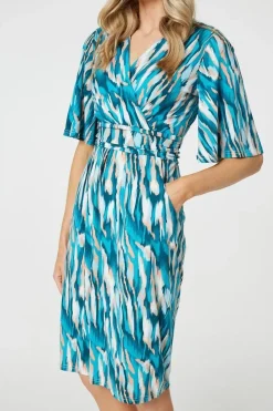 Printed 1/2 Angel Sleeve Faux Wrap Dress