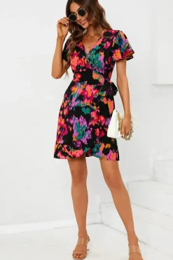 Printed Angel Sleeve Mini Wrap Dress
