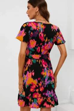 Printed Angel Sleeve Mini Wrap Dress